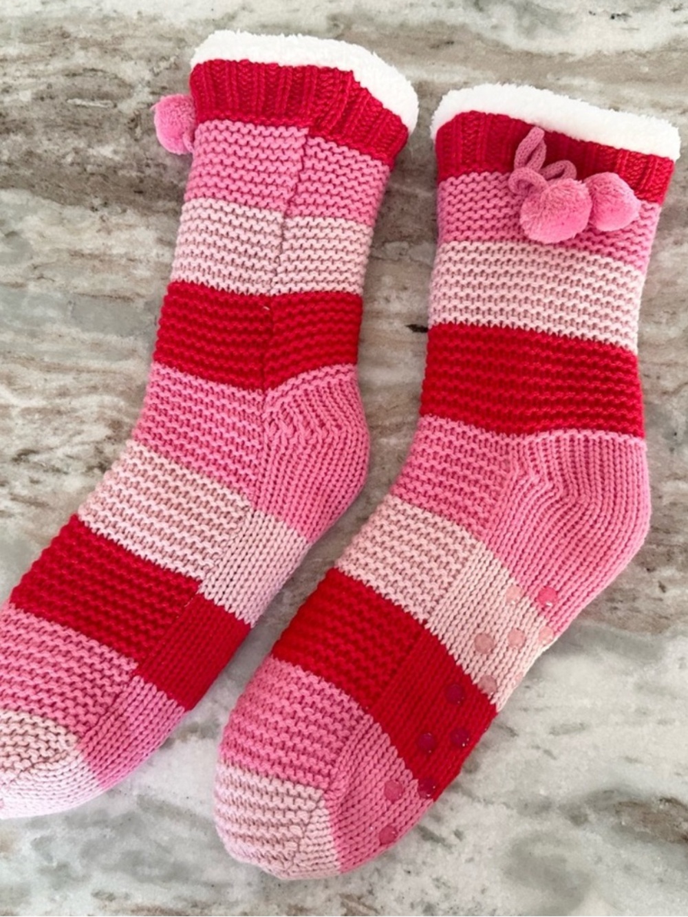 Soft & Cozy Sherpa Fleece Lined Striped Slipper Socks With Grippers & Pom Pom
